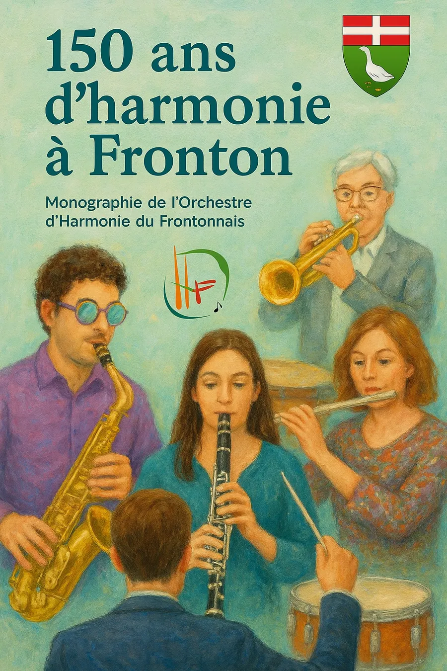 1ère de couverture. On y voit un chef d'orchestre, un saxophoniste, une clarinettiste, une flûtiste, un trompettiste et des percussions.