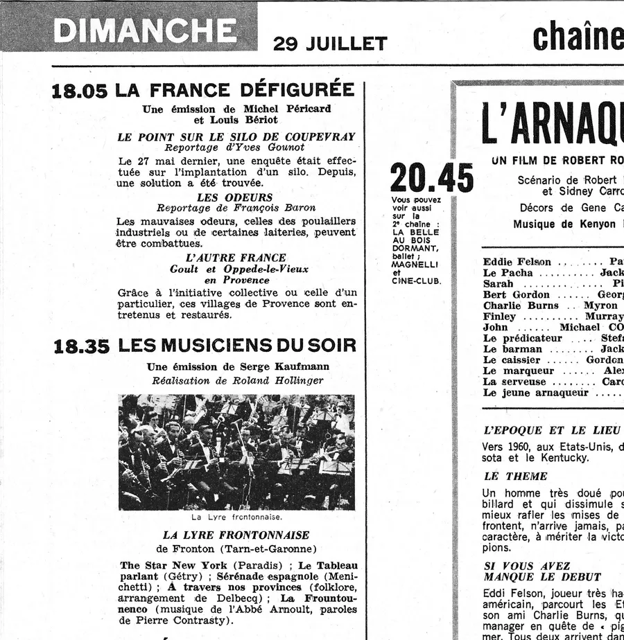 Un extrait du journal Télé 7 Jours du 29 juillet 1973. On y  voir la Lyre Frontonnaise dans l'émission Les musiciens du soir.